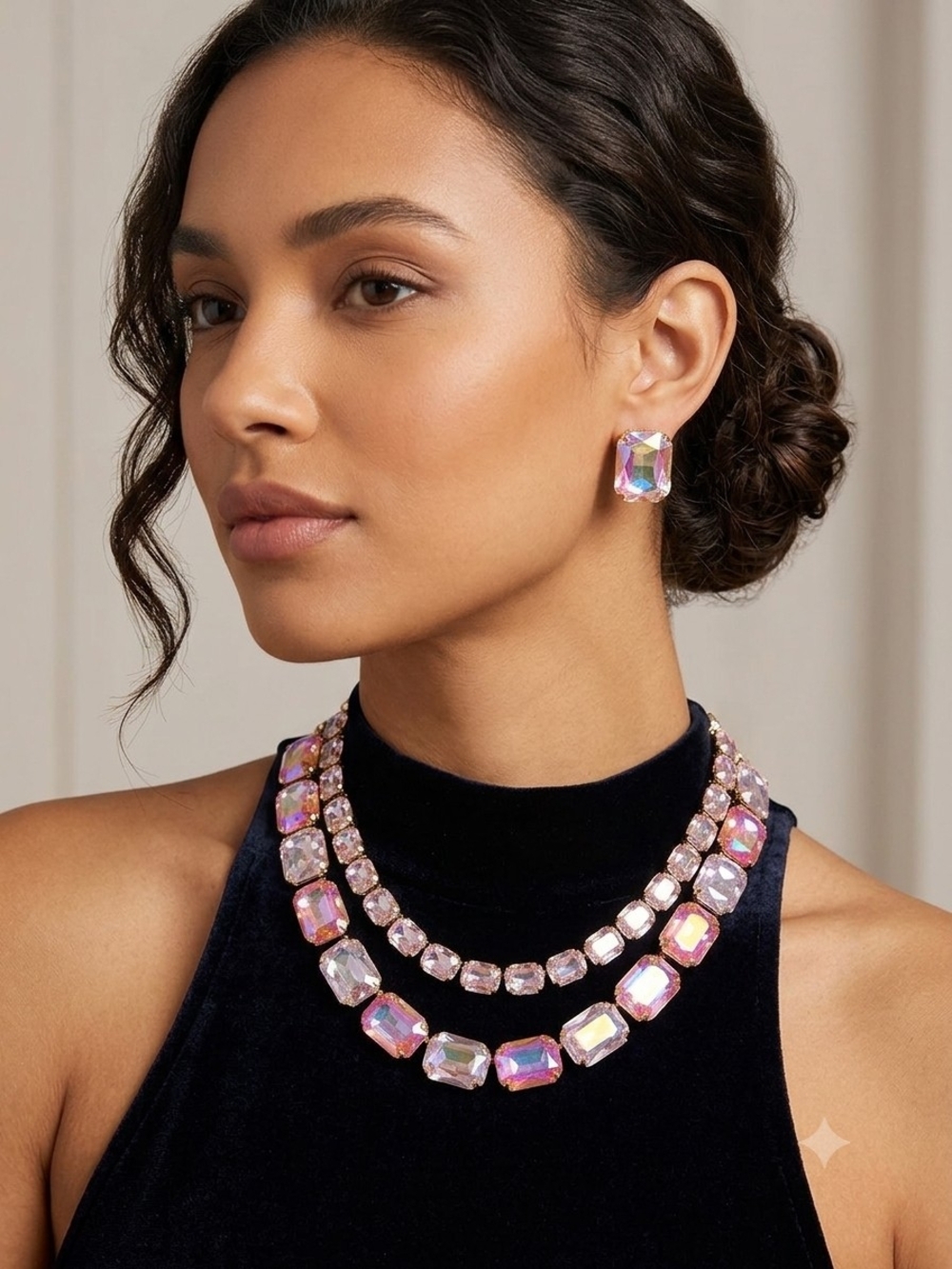 Double Strand Pink Crystal Necklace and Stud Earrings Set